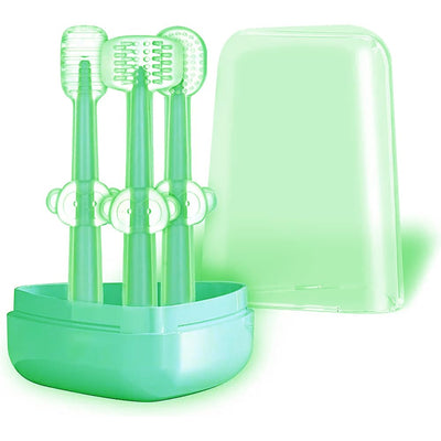 Kassy Pop Silicone Toothbrush Set For (0-18 months) Baby With Brushes Holder Case, Set Of 3 - Green