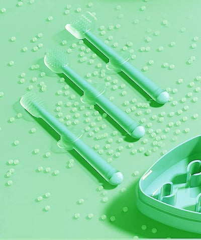 Kassy Pop Silicone Toothbrush Set For (0-18 months) Baby With Brushes Holder Case, Set Of 3 - Green