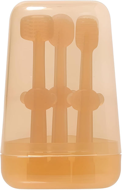Kassy Pop Silicone Toothbrush Set For (0-18 months) Baby With Brushes Holder Case, Set Of 3 - Brown