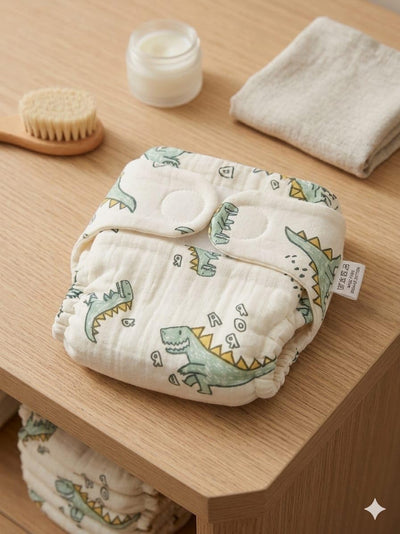 Kassy pop Cotton Cloth Reusable Diaper for Babies with One Piece 3-Layer Microfiber Insert (0-36 Months) - Dino Print