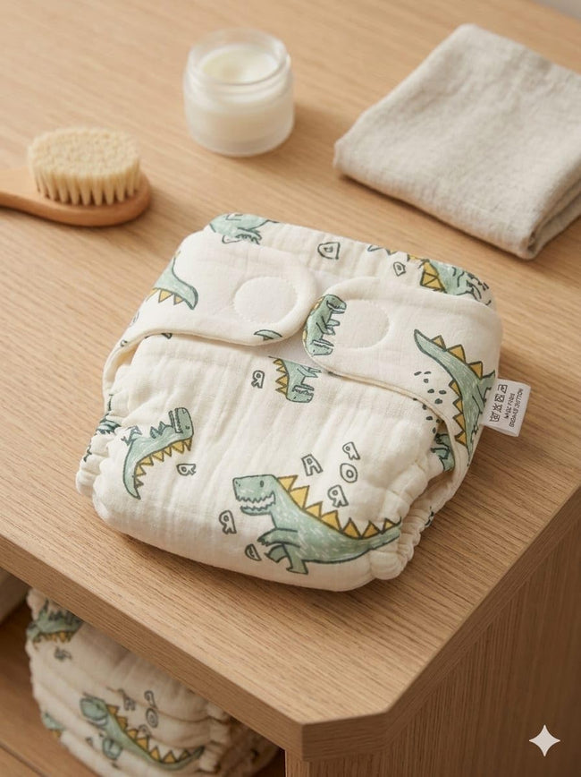 Kassy pop Cotton Cloth Reusable Diaper for Babies with One Piece 3-Layer Microfiber Insert (0-36 Months) - Dino Print