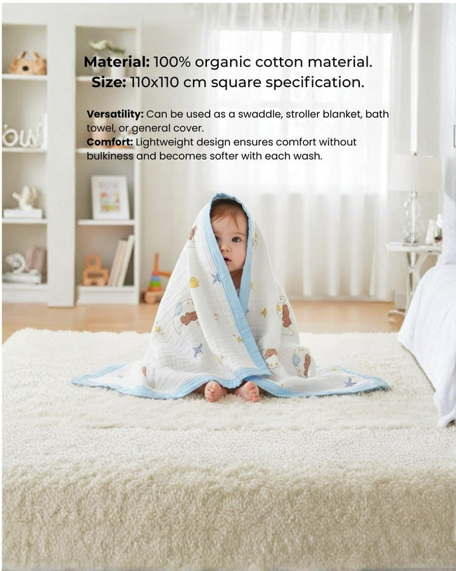 Kassy Pop 100% Bamboo Cotton Baby Swaddle Wrap Cum Receiving Blanket, 110x110 cm - Teddy Moon