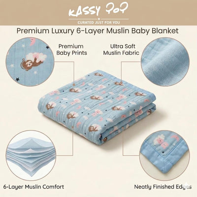 Kassy Pop 100% Bamboo Cotton Baby Swaddle Wrap Cum Receiving Blanket, 110x110 cm - Blue - All Print)