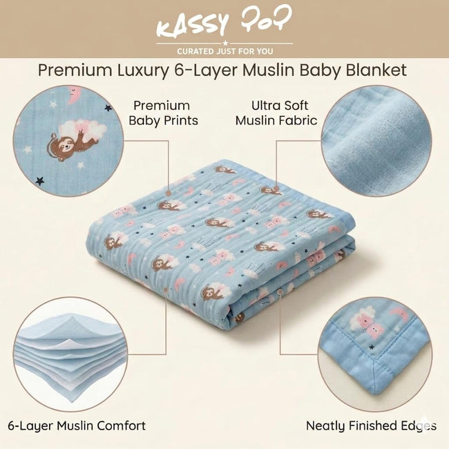 Kassy Pop 100% Bamboo Cotton Baby Swaddle Wrap Cum Receiving Blanket, 110x110 cm - Blue - All Print)