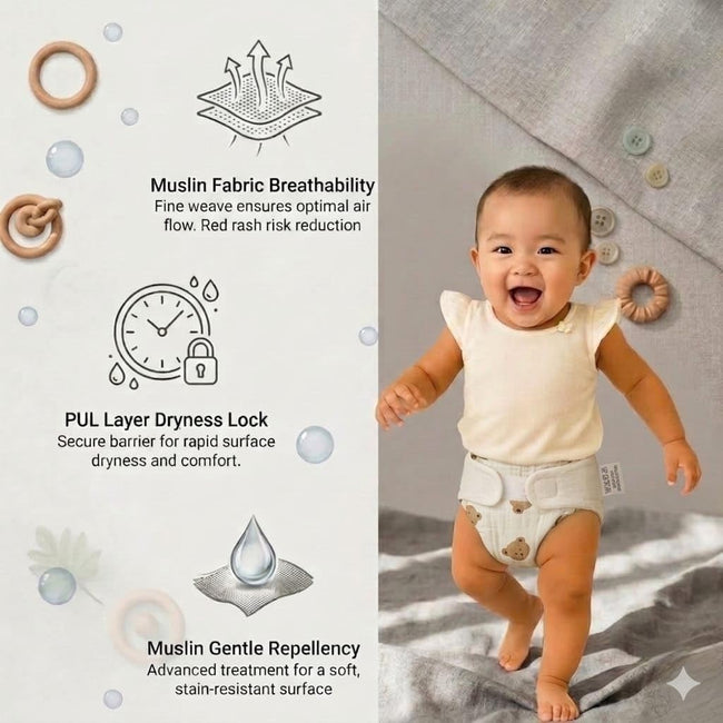 Kassy pop Cotton Cloth Reusable Diaper for Babies with One Piece 3-Layer Microfiber Insert (0-36 Months) - Teddy Print