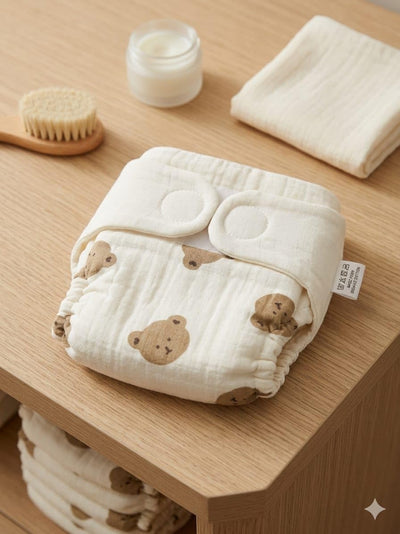 Kassy pop Cotton Cloth Reusable Diaper for Babies with One Piece 3-Layer Microfiber Insert (0-36 Months) - Teddy Print