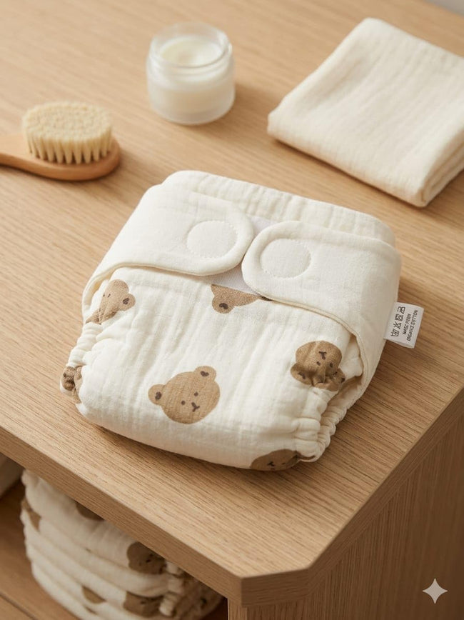 Kassy pop Cotton Cloth Reusable Diaper for Babies with One Piece 3-Layer Microfiber Insert (0-36 Months) - Teddy Print