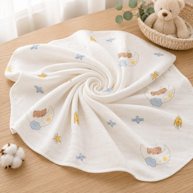 KASSY POP Kids Muslin Cotton Bath Towel, Blanket, Swaddle,105 X 105 cm - Moon Print