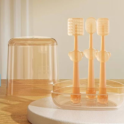 Kassy Pop Silicone Toothbrush Set For (0-18 months) Baby With Brushes Holder Case, Set Of 3 - Brown