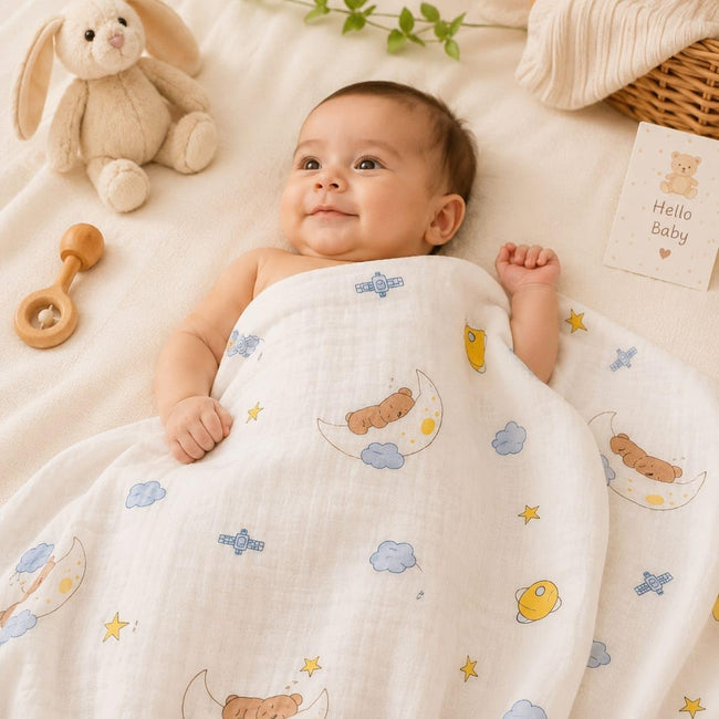 KASSY POP Kids Muslin Cotton Bath Towel, Blanket, Swaddle,105 X 105 cm - Moon Print