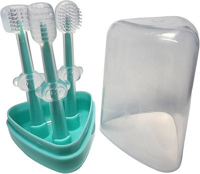Kassy Pop Silicone Toothbrush Set For (0-18 months) Baby With Brushes Holder Case, Set Of 3 - Green