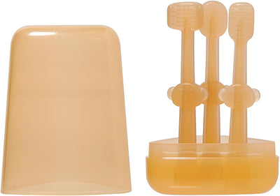 Kassy Pop Silicone Toothbrush Set For (0-18 months) Baby With Brushes Holder Case, Set Of 3 - Brown