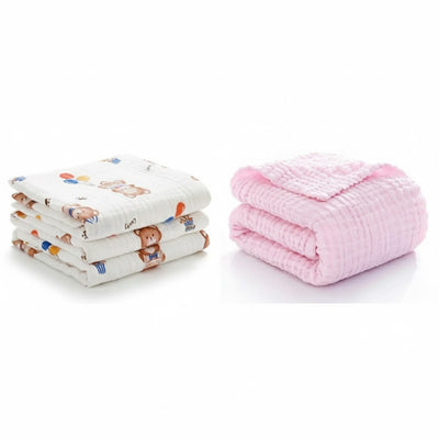 KASSY POP Kids Muslin Cotton Bath Towel, Blanket, Swaddle,105 X 105 cm - Pack of 2 (Pink and Printed)