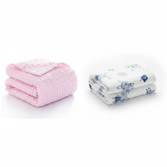 KASSY POP Kids Muslin Cotton Bath Towel, Blanket, Swaddle,105 X 105 cm - Pack of 2 (Pink and Printed)