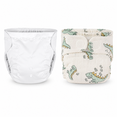Kassy pop Cotton Cloth Reusable Diaper for Babies with One Piece 3-Layer Microfiber Insert (0-36 Months) Pack of 2 - White and Dino Print