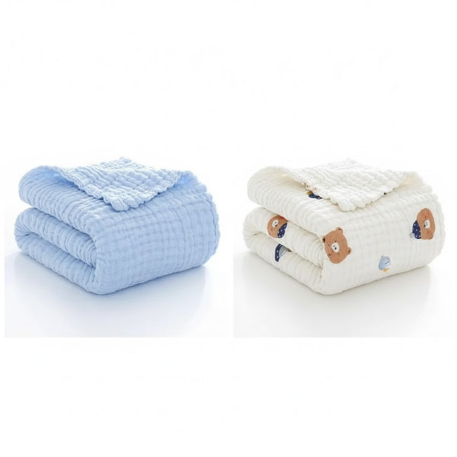 KASSY POP Kids Muslin Cotton Bath Towel, Blanket, Swaddle,105 X 105 cm - Pack of 2 (Blue and Printed)