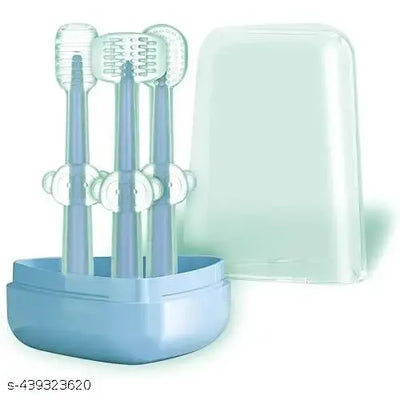 Kassy Pop Silicone Toothbrush Set For (0-18 months) Baby With Brushes Holder Case, Set Of 3 - Blue