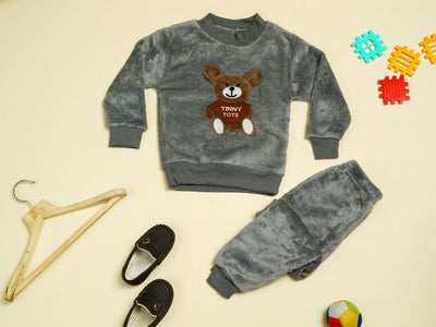 KASSY POP Teddy Baby Fleece T-shirt and Pajamas Set for Kids -  Grey