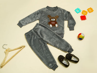 KASSY POP Teddy Baby Fleece T-shirt and Pajamas Set for Kids -  Grey
