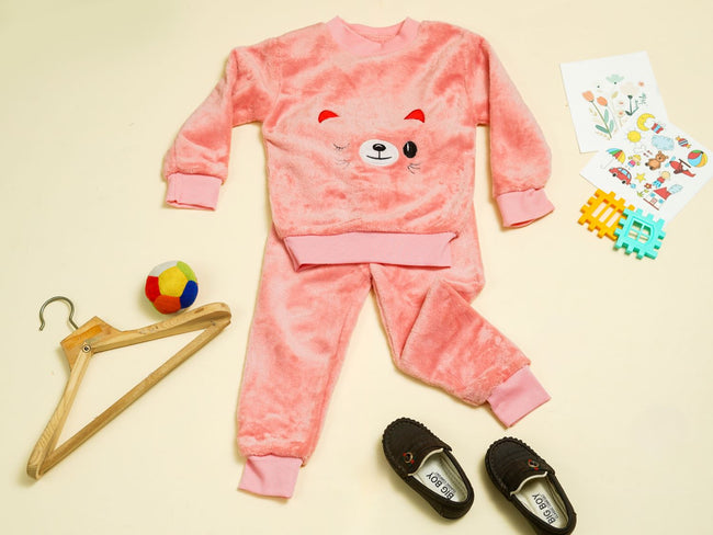 KASSY POP Teddy Wink Baby Fleece T-shirt and Pajamas Set for Kids -  Dark Pink