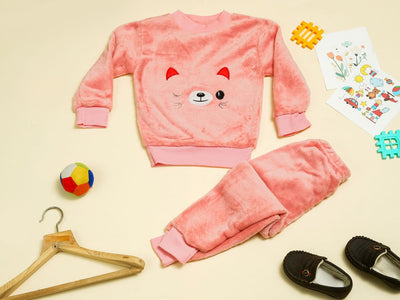 KASSY POP Teddy Wink Baby Fleece T-shirt and Pajamas Set for Kids -  Dark Pink