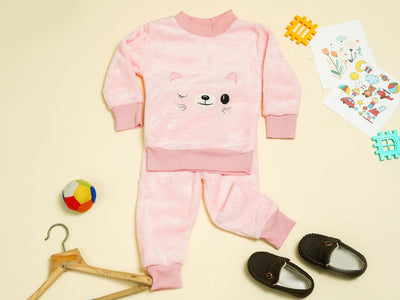 KASSY POP Teddy Wink Baby Fleece T-shirt and Pajamas Set for Kids -  Baby Pink