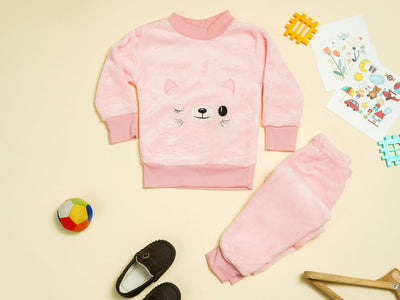 KASSY POP Teddy Wink Baby Fleece T-shirt and Pajamas Set for Kids -  Baby Pink