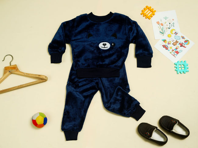 KASSY POP Teddy Wink Baby Fleece T-shirt and Pajamas Set for Kids - Navy Blue