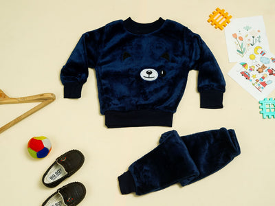 KASSY POP Teddy Wink Baby Fleece T-shirt and Pajamas Set for Kids - Navy Blue