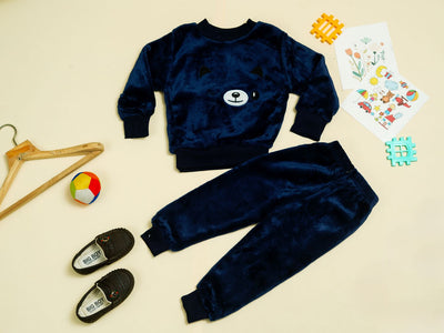 KASSY POP Teddy Wink Baby Fleece T-shirt and Pajamas Set for Kids - Navy Blue