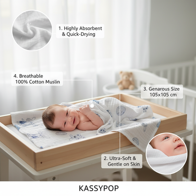 KASSY POP Kids Muslin Cotton Bath Towel, Blanket, Swaddle,105 X 105 cm -  Study Time