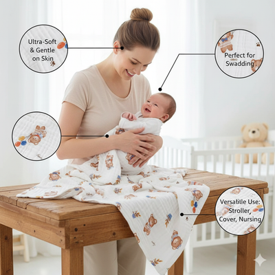 KASSY POP Kids Muslin Cotton Bath Towel, Blanket, Swaddle,105 X 105 cm -  Teddy Balloon