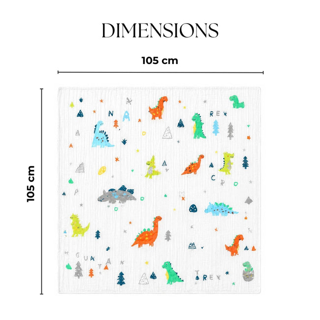 KASSY POP Kids Muslin Cotton Bath Towel, Blanket, Swaddle,105 X 105 cm - DINO PRINT