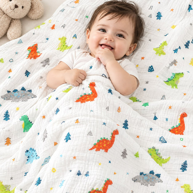 KASSY POP Kids Muslin Cotton Bath Towel, Blanket, Swaddle,105 X 105 cm - DINO PRINT