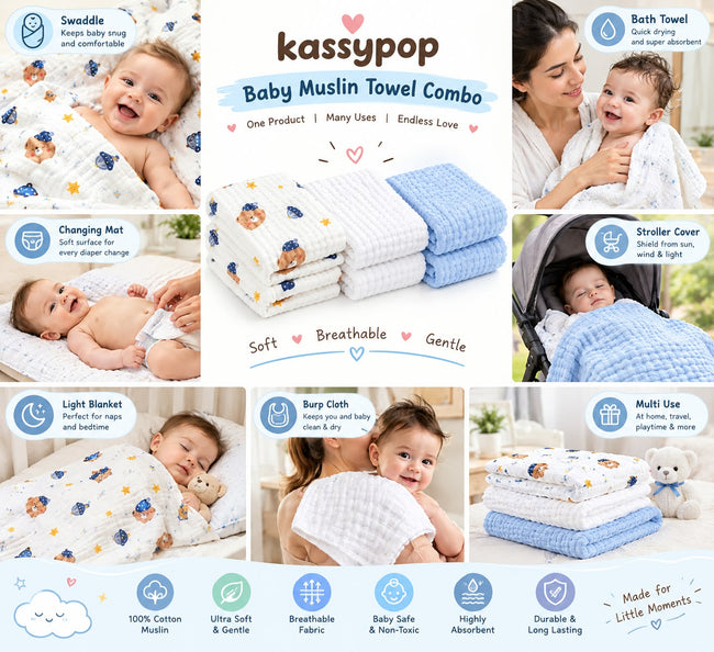 KASSY POP Kids Muslin Cotton Bath Towel, Blanket, Swaddle,105 X 105 cm - Pack of 3 (Blue, White and Teddy)