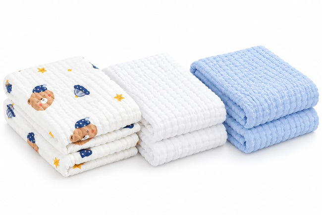 KASSY POP Kids Muslin Cotton Bath Towel, Blanket, Swaddle,105 X 105 cm - Pack of 3 (Blue, White and Teddy)