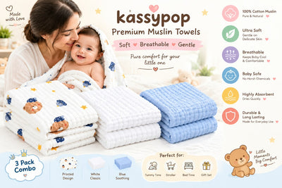 KASSY POP Kids Muslin Cotton Bath Towel, Blanket, Swaddle,105 X 105 cm - Pack of 3 (Blue, White and Teddy)