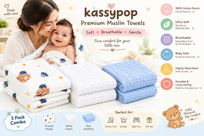 KASSY POP Kids Muslin Cotton Bath Towel, Blanket, Swaddle,105 X 105 cm - Pack of 3 (Blue, White and Teddy)