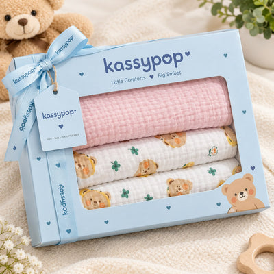 KASSY POP Kids Muslin Cotton Bath Towel, Blanket, Swaddle,105 X 105 cm - Pack of 2 (Pink and Bear)