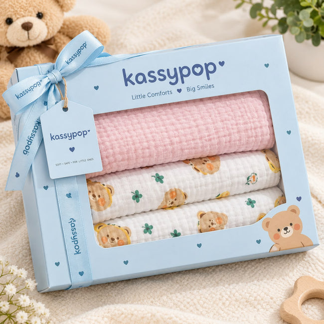 KASSY POP Kids Muslin Cotton Bath Towel, Blanket, Swaddle,105 X 105 cm - Pack of 2 (Pink and Bear)