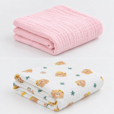 KASSY POP Kids Muslin Cotton Bath Towel, Blanket, Swaddle,105 X 105 cm - Pack of 2 (Pink and Bear)