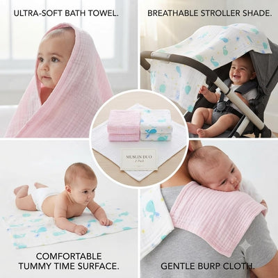 KASSY POP Kids Muslin Cotton Bath Towel, Blanket, Swaddle,105 X 105 cm - Pack of 2 (Pink and whale)