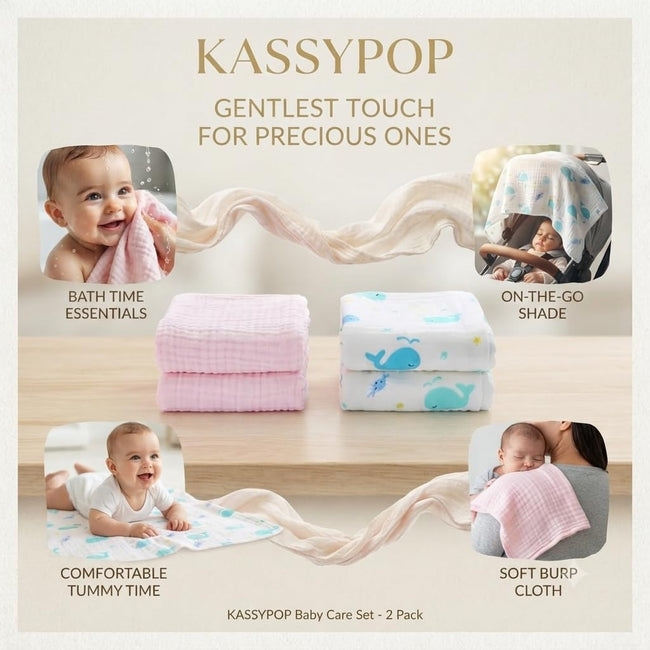 KASSY POP Kids Muslin Cotton Bath Towel, Blanket, Swaddle,105 X 105 cm - Pack of 2 (Pink and whale)