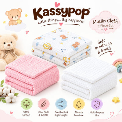 KASSY POP Kids Muslin Cotton Bath Towel, Blanket, Swaddle,105 X 105 cm - Pack of 2 (Pink and Moon)