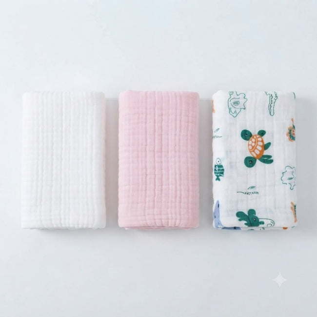 KASSY POP Kids Muslin Cotton Bath Towel, Blanket, Swaddle,105 X 105 cm - Pack of 3 (Pink, White and Animal Print)
