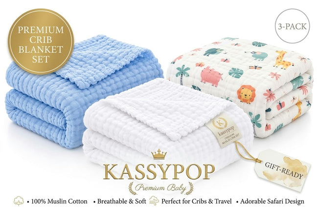 KASSY POP Kids Muslin Cotton Bath Towel, Blanket, Swaddle,105 X 105 cm - Pack of 3 (Blue, White and Forest Print)