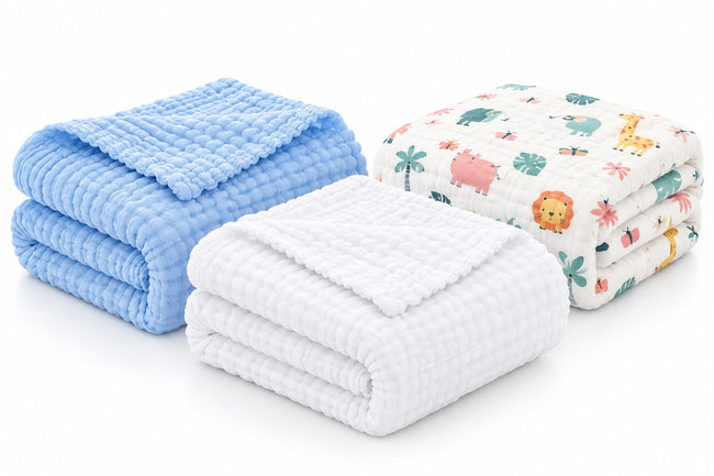 KASSY POP Kids Muslin Cotton Bath Towel, Blanket, Swaddle,105 X 105 cm - Pack of 3 (Blue, White and Forest Print)