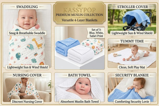 KASSY POP Kids Muslin Cotton Bath Towel, Blanket, Swaddle,105 X 105 cm - Pack of 3 (Blue, White and Forest Print)
