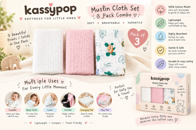KASSY POP Kids Muslin Cotton Bath Towel, Blanket, Swaddle,105 X 105 cm - Pack of 3 (Pink, White and Animal Print)