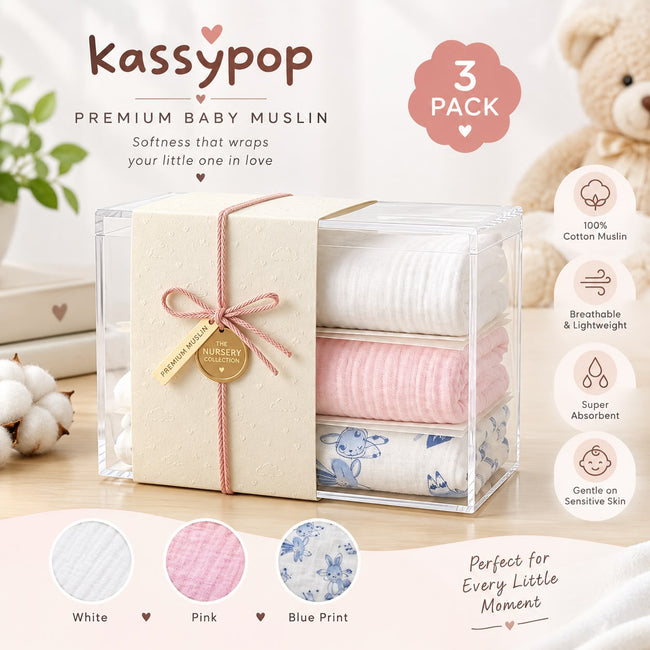 KASSY POP Kids Muslin Cotton Bath Towel, Blanket, Swaddle,105 X 105 cm - Pack of 3 (Pink, White and Studytime)